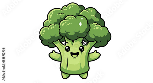 Cute Broccoli Character Cartoon with Happy Face and Sparkling Eyes