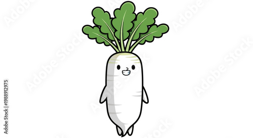 Cute cartoon daikon radish character with green leaves, happy face, and arms, isolated on white.