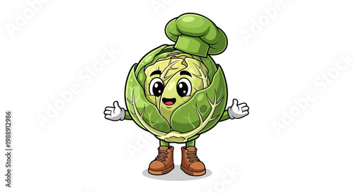 Cute Brussels Sprout Chef Character with Chef Hat and Boots, Cartoon Food
