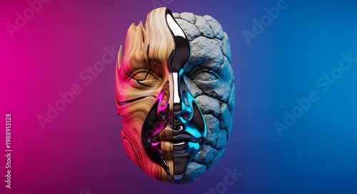 A conceptual sculpture of facial features merging distinct textures of organic wood grain, rough grey stone, and reflective liquid metal, element, bark, rendering