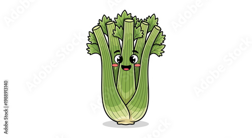 Cute Celery Character with Happy Face, Healthy Food Illustration