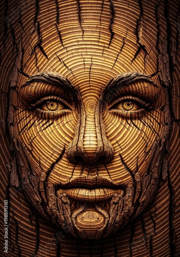 A conceptual view of textured bark forming face features integrated into concentric tree rings representing time and natural growth cycles, detail, visual, organic