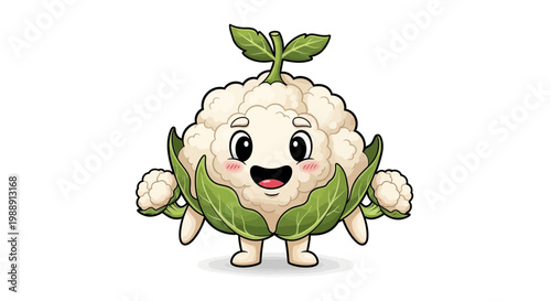 Cute Cauliflower Character with Big Smile and Green Leaves, Vector Art