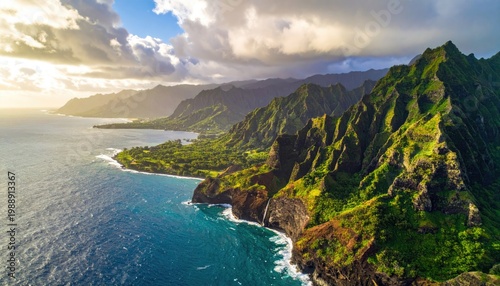 Jagged, green-covered mountains rise from blue ocean under a partly cloudy sky