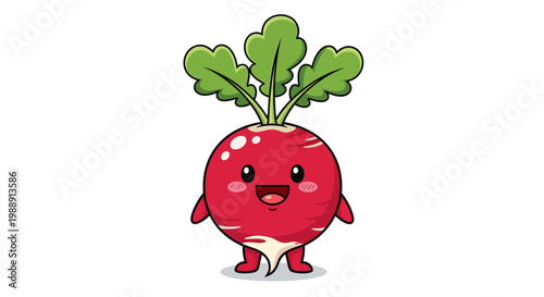 Cute Radish Character with Green Leaves, Kawaii Vegetable Illustration