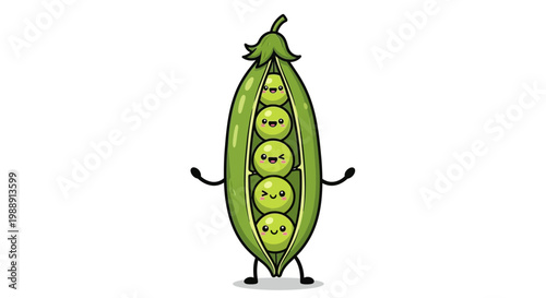 Cute smiling pea pod with happy peas, white background, vector illustration
