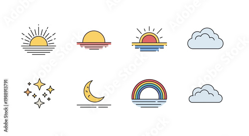 Weather icons with sun moon rainbow.