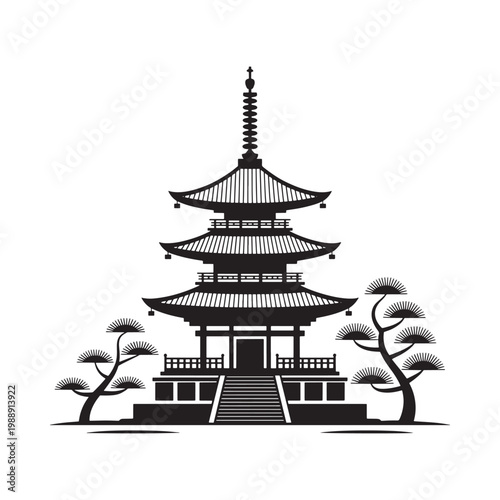 Stylized black and white illustration of a traditional japanese pagoda temple