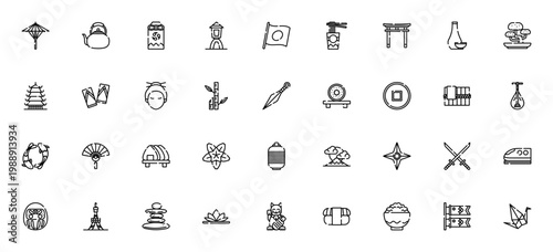 Japan icon set. Vector illustration of Japanese culture symbols including Wagasa, Shrine, Sushi, Geisha, Cherry blossom, Mount Fuji, Katana, Origami and more.