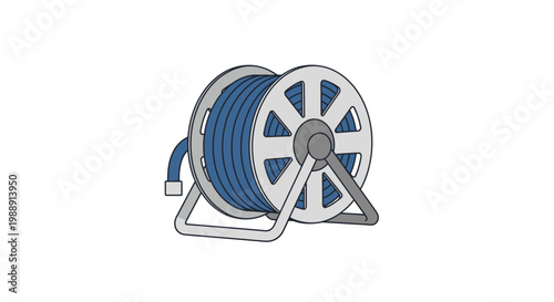 Large blue cable on spool stand.