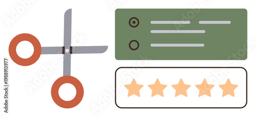Feedback, reviews, evaluation, quality control, online ratings, task completion. Scissors, green task list and five-star rating. Feedback and reviews concept displayed through symbolic visuals