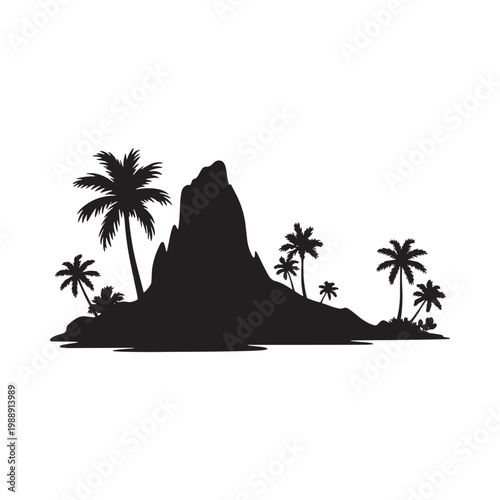 Tropical island silhouette with palm trees and a rocky mountain