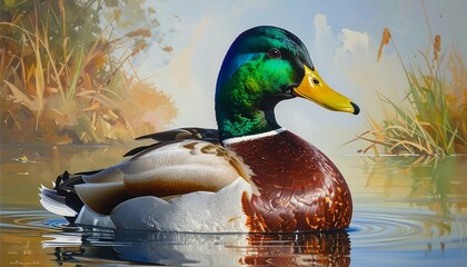 A colorful duck swims serenely in calm water surrounded by vegetation