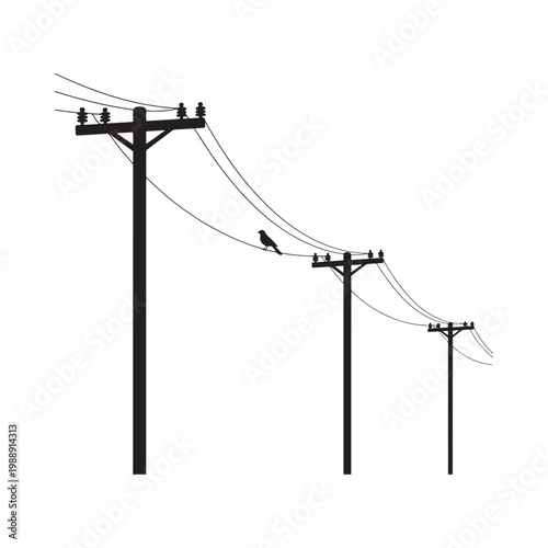 A simple silhouette of power lines and utility poles with a bird