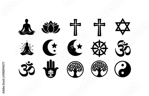 Black and White Spiritual and Religious Symbols Vector Set