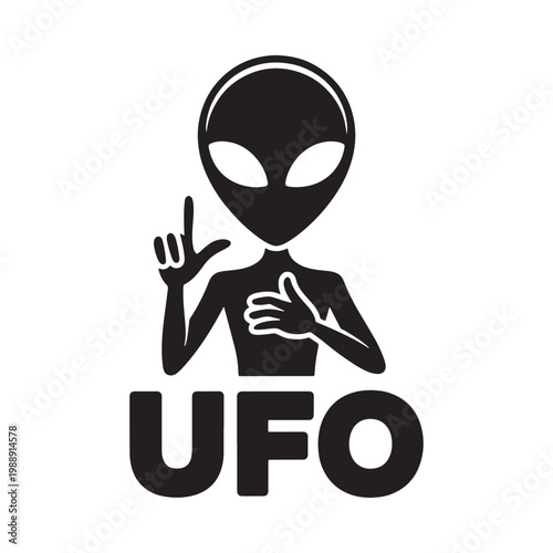 Black silhouette of an alien gesturing with hand over heart and UFO