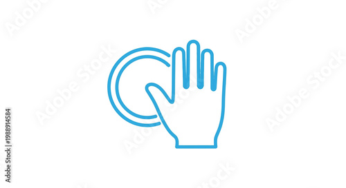 A simple blue line drawing depicts a hand interacting with a circular button high quality professional