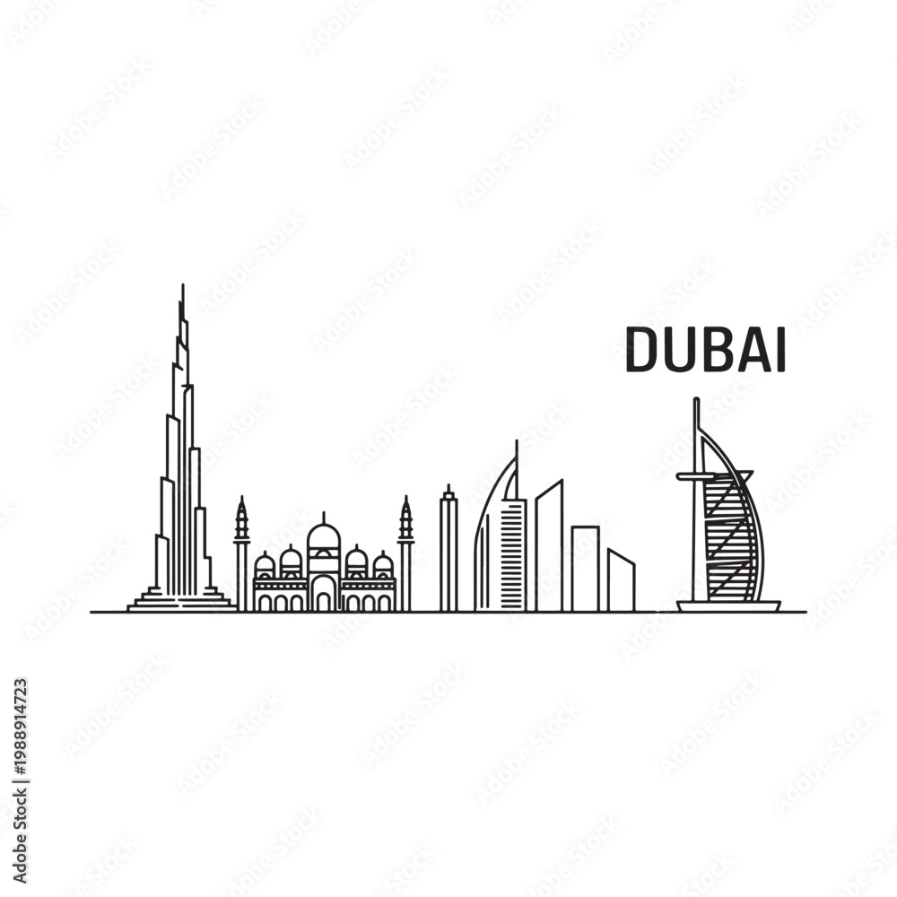 Fototapeta premium Minimalist line art depicts the dubai skyline with iconic buildings