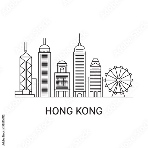 Linear illustration of the hong kong skyline with a ferris wheel