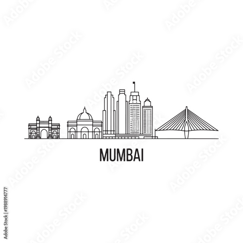 Linear illustration of mumbai skyline featuring iconic architectural landmarks
