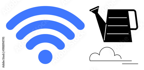 Connectivity, digital technology, smart gardening, minimalism, remote communication, innovation. Blue wireless signal, black watering can and a minimalist cloud. Connectivity and smart gardening