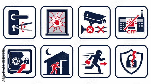Illustrative icons depicting security threats, break-ins, theft scenarios, and compromised safety measures for property and personal protection awareness