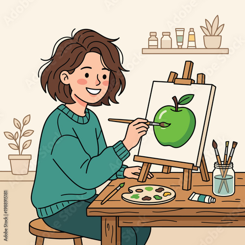 A young female artist painting a green apple on a canvas easel in her studio, vector illustration.