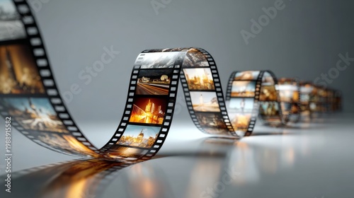 Film strip floats in air showing moments of cinema under sunlight while capturing the art of storytelling