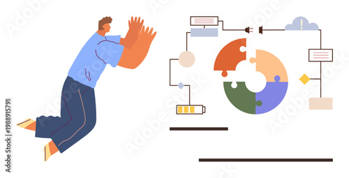 Workflow management, automation, technology solutions, productivity, human interaction, and innovation. A person analyses a digital flowchart with technology icons and puzzle graphics. Workflow