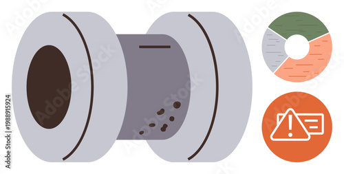 Industrial inspection, safety protocols, maintenance planning, corrosion analysis, data interpretation, risk warning. Rusted pipe and charts highlighting corrosion and risk warning . Safety protocols