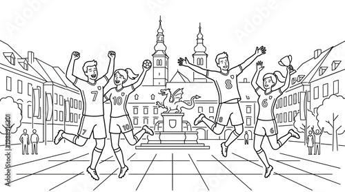 Joyful Group of People Celebrating Victory in City Square.