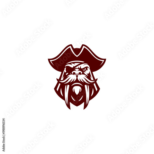 Bold vector logo of a fierce walrus pirate with a large mustache, long tusks, eye patch, and tricorn hat, designed as a mascot on a white background