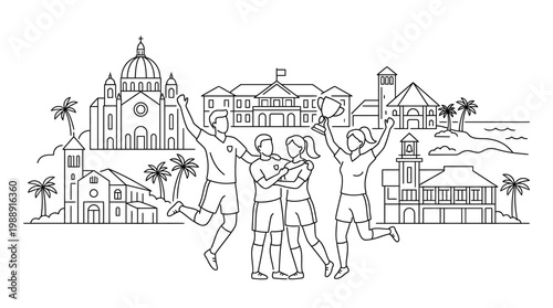 Joyful Group of People Celebrating Victory in Line Art Style.