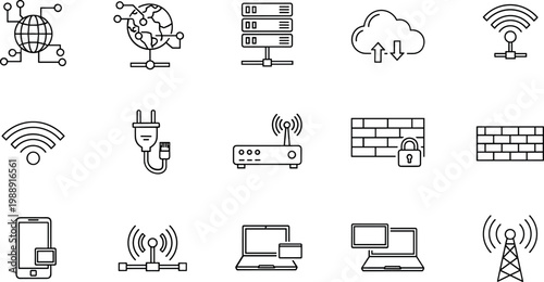 Network and connectivity outline icon set featuring wifi cloud server firewall router mobile devices and digital infrastructure symbols