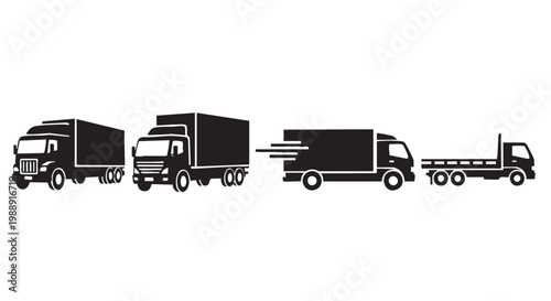 series of trucks in motion on road line art with silhouette vector