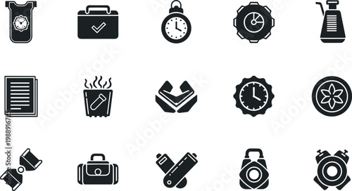 Coffee shop and cafe icon set featuring espresso cup menu timer barista tools equipment in modern flat vector style