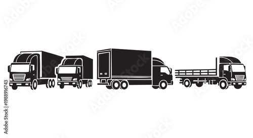 row of trucks and trailers parked together line art with silhouette vector