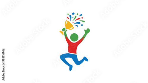 Joyful Person Celebrating Success with a Trophy and Colorful Splashes.