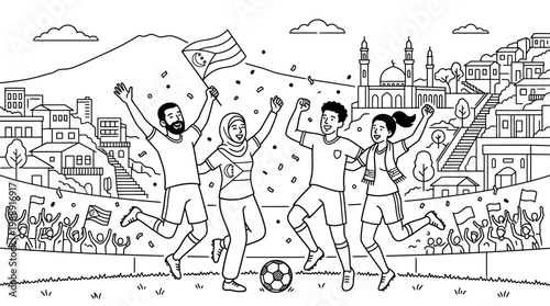 Joyful Soccer Fans Celebrating Victory with Flags and Excitement.