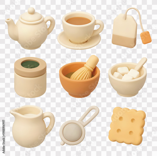 Tea and Matcha  Vector Icon Set | 3D icon set | ceramic pot, cup and saucer, brewing bag, green leaf canister, matcha bowl with a bamboo whisk, sugar cube bowl, creamer pitcher, mesh strainer, biscuit
