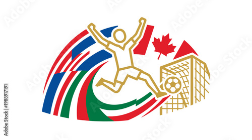 Dynamic Soccer Player Kicking Ball with Flags and Goal.