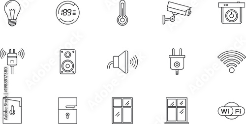 Smart home and electronics icon set featuring thermostat camera speaker wifi plug symbols in modern outline vector style