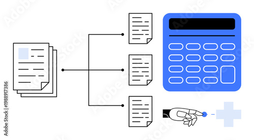 Automated calculation, data processing, digital transformation, technology integration, workflow optimization, organization. Documents pointing to a digital calculator interface. Automated