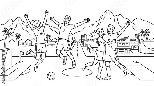 Joyful Soccer Players Celebrating Victory on the Field with Excitement.