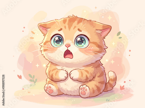 Cute Surprised Chubby Kitten Cartoon Illustration in Kawaii Style