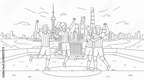 Joyful Soccer Team Celebrates Victory on the Field with City Skyline.