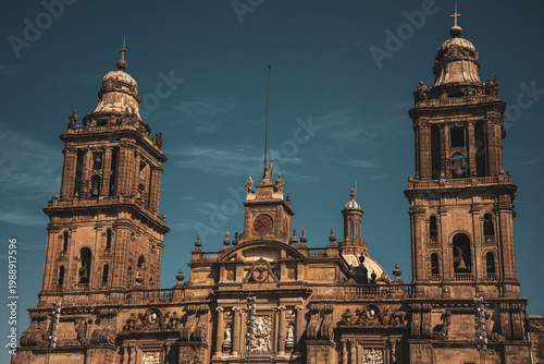 Metropolitan Cathedral of Mexico City with clear blue sky and historic architecture