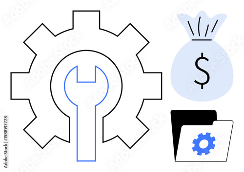 Finance management, system optimization, economical tools, business operations, savings, efficiency. A gear with a wrench, a money bag and a file folder. Finance management and system optimization