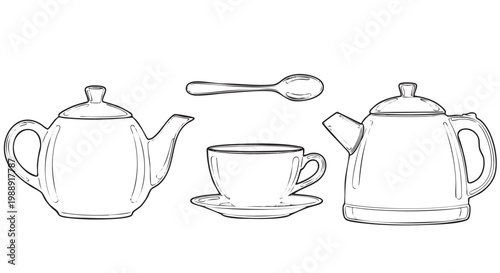 simple line drawing of tea set cut out isolated illustration on transparent background layout