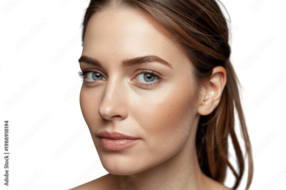 Fototapeta premium Young woman with natural healthy skin looking at camera, female beauty and skincare concept on transparent background